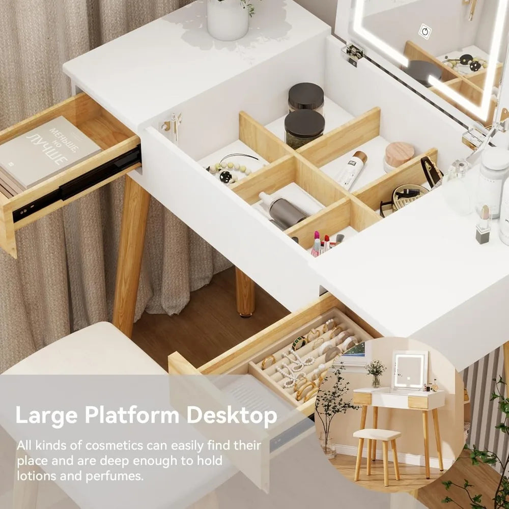 Makeup Vanity Desk with Flip-top Mirror and Lights, 3-in-1 Makeup Vanity Table with 2 Drawers and Cushioned Stool, Writ