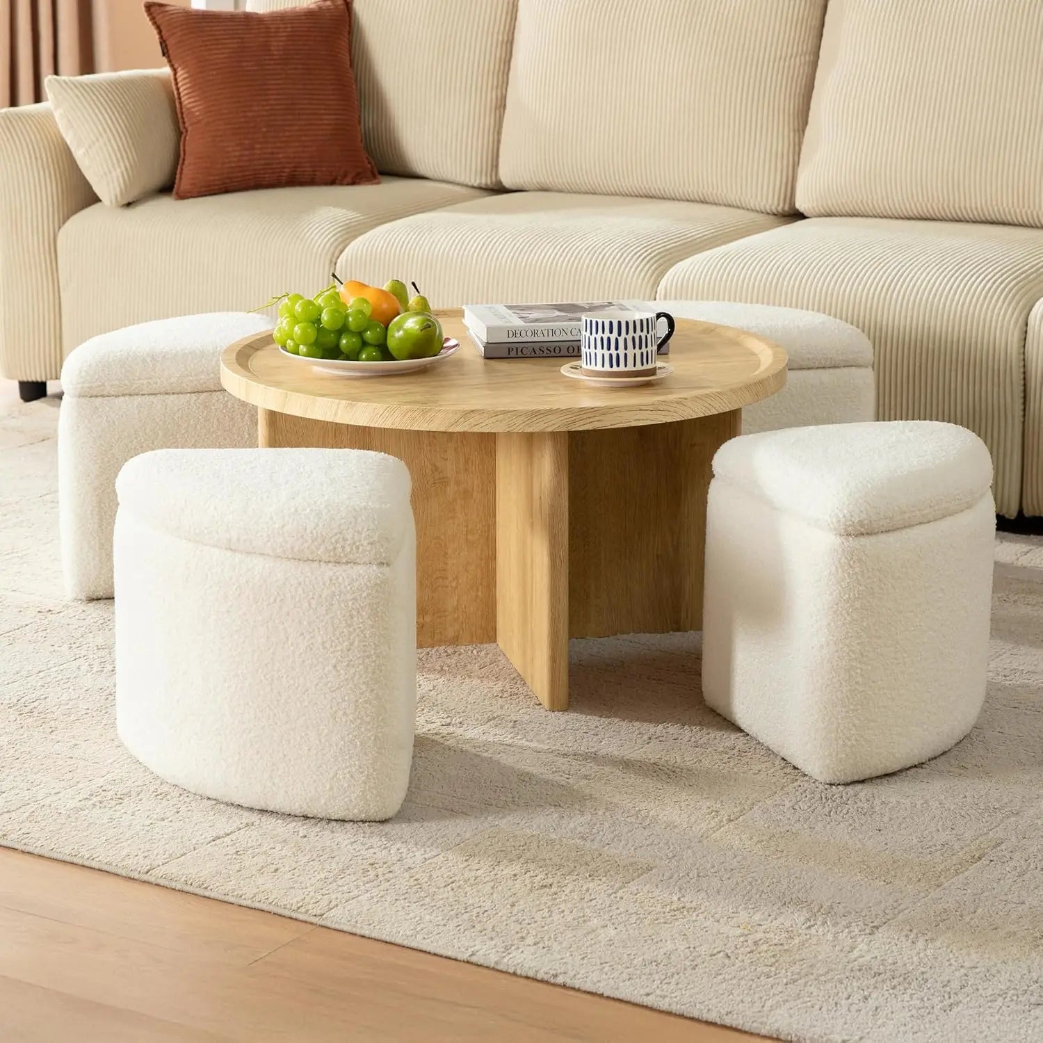 Mid-Century Modern Square Coffee Table with Storage & 4 Chenille Ottomans