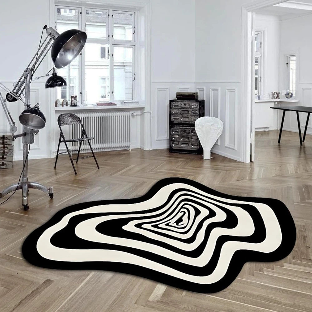 Trendy Irregular Black and White Abstract Rug – Modern Living Room Coffee Table Floor Mat
