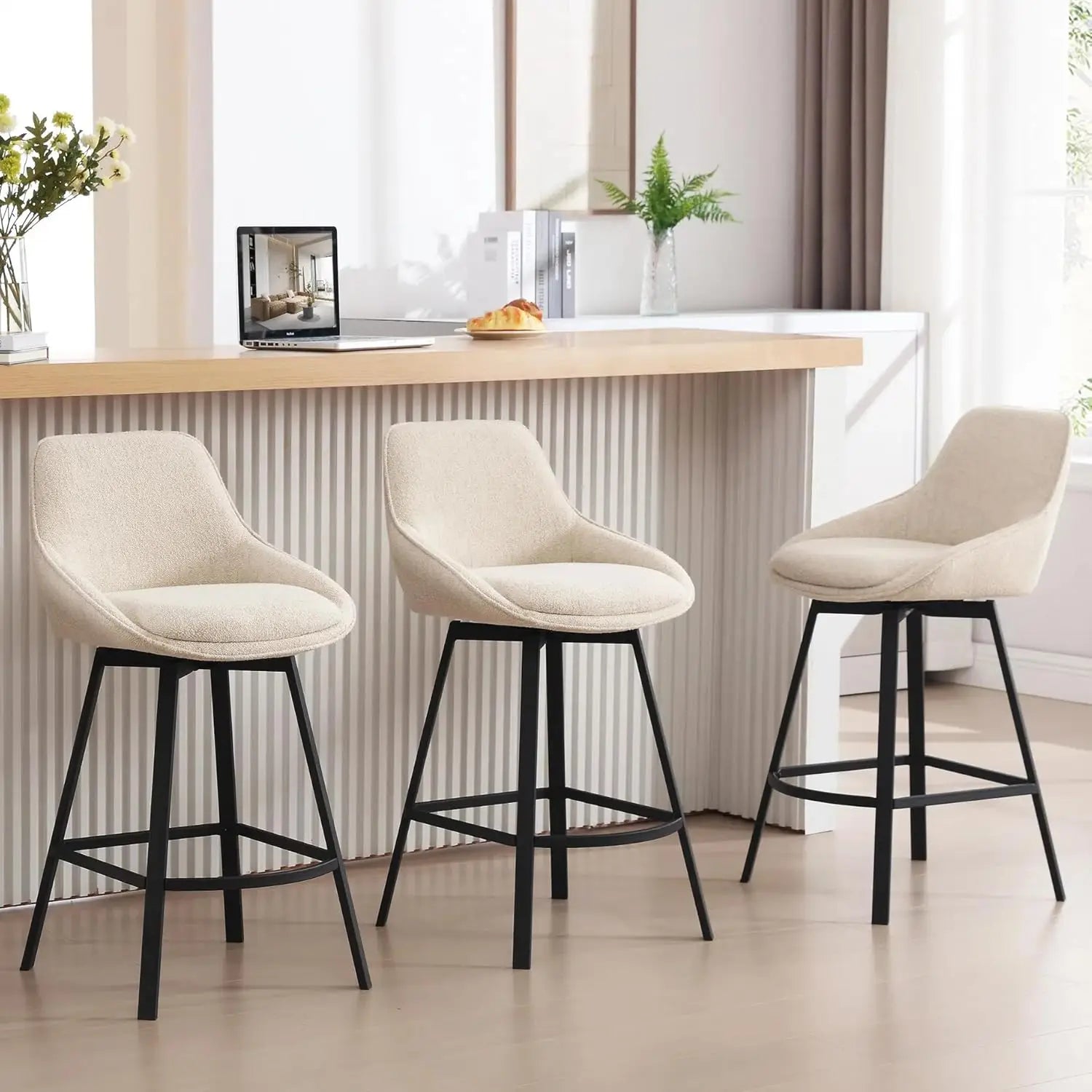 Swivel Counter-Height Bar Stools with Back – Upholstered Linen (Beige)