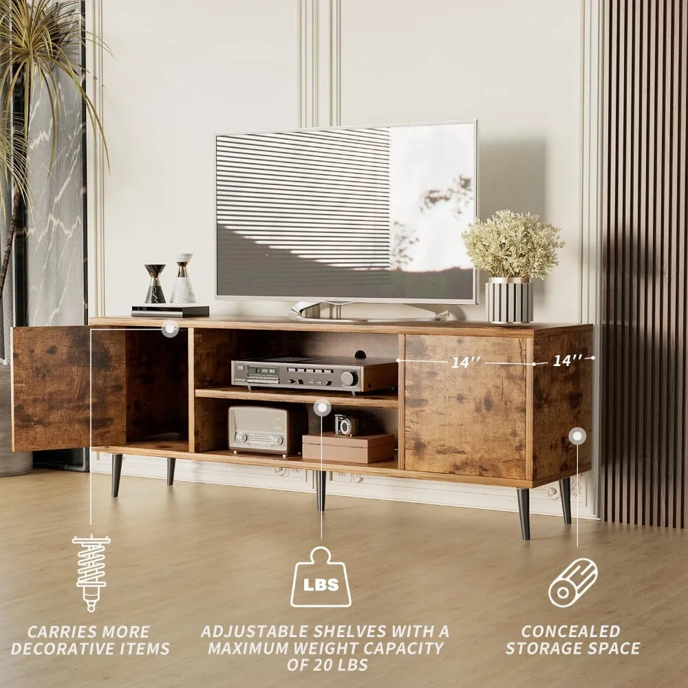 TV Stand for 65 Inch TV, Mid Century Modern TV Stand, Entertainment Center with Storage Cabinet and Open Shelves, TV Console