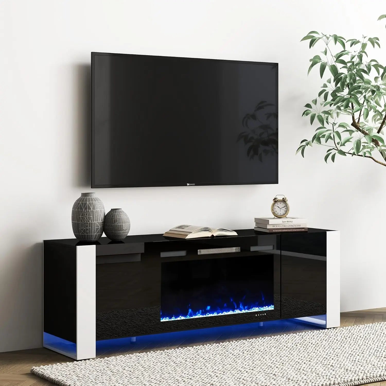 70" U-Shaped Leg TV Stand with 36" Electric Fireplace, High Gloss Finish Entertainment Center for TVs Up to 80", TV C