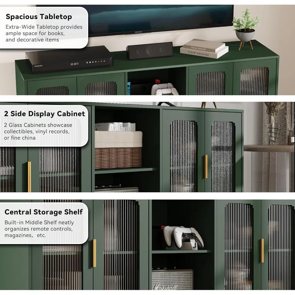 65 Inch Green TV Stand for TVs up to 70+ inch, Mid Century Modern Glass Door TV Console Table,Entertainment Center with Storage