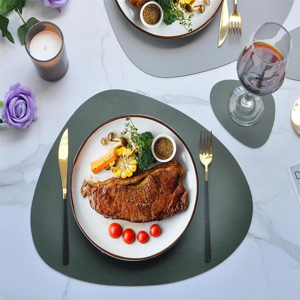 Irregular Shape PU Leather Placemats Set Oil-Proof Waterproof Dual-Sided Place Mats for Kitchen Bistro Tables Bars Coffee Shops