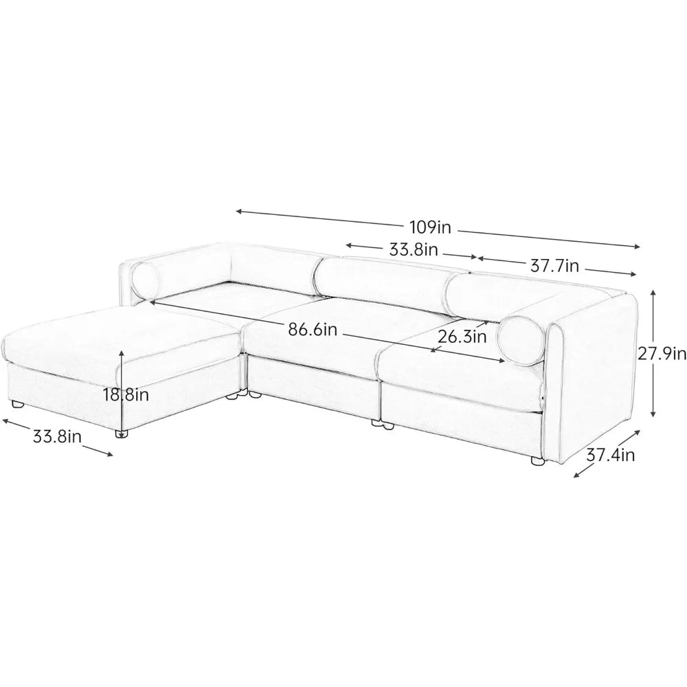Camel L-Shaped Sectional Sofa – 109″ Modular 3-Seat with Storage