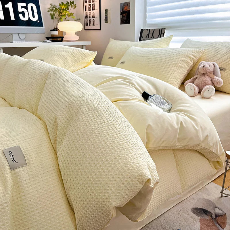 Simple Waffle Jacquard 100% Cotton Bedding Set Soft Comfortable Queen Duvet Cover Set with Sheets Quilt Cover and Pillowcases