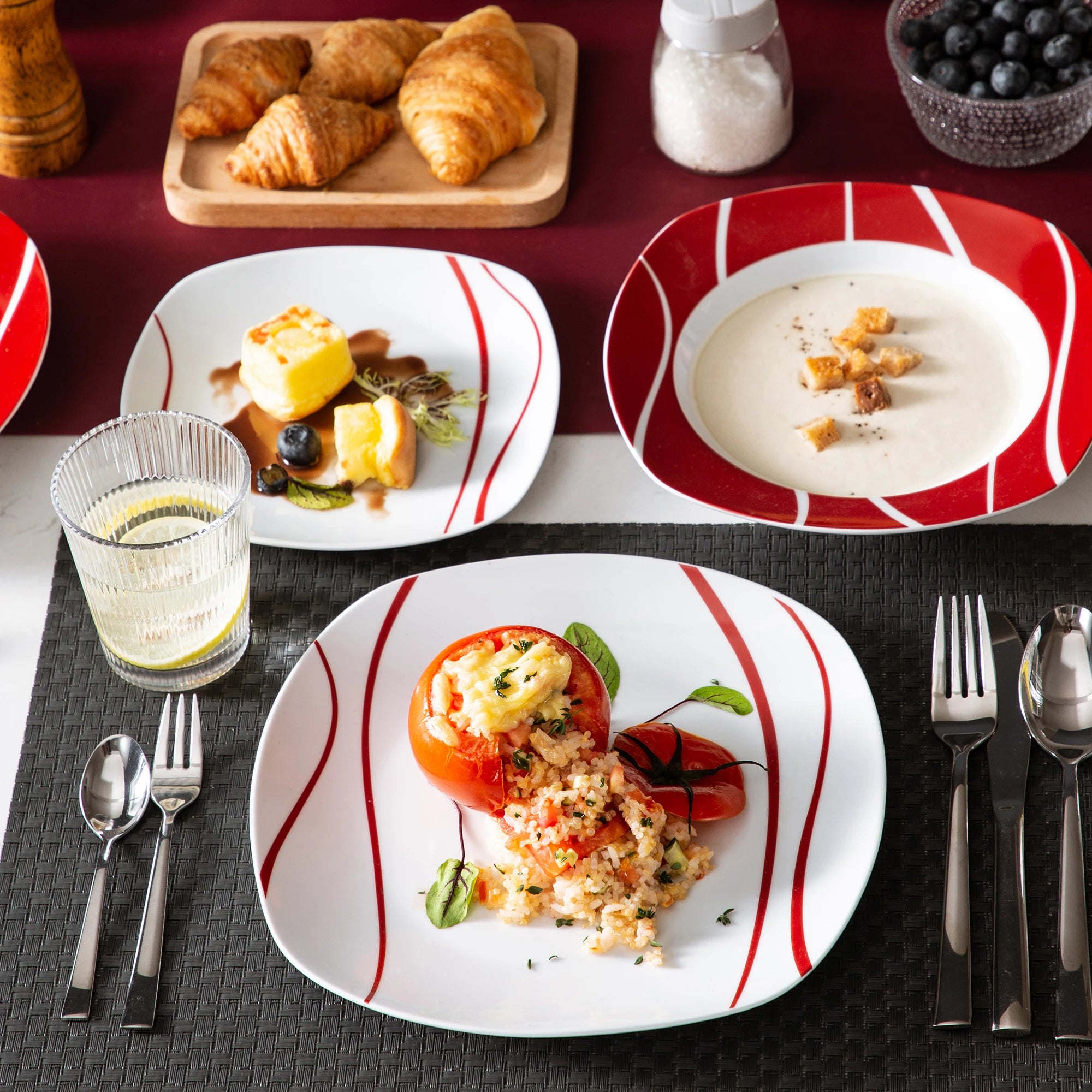 MALACASA Series Felisa 30 Piece Red Stripes Ivory White Porcelain Dinner Set with 6 Piece Cups Saucers Dessert Soup Dinner Plate