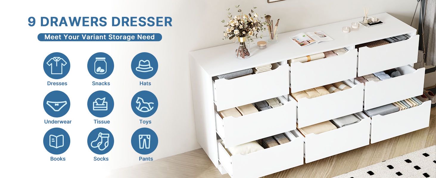 8 Drawers White Dresser for Bedroom, Modern Wood Chest of Drawers 8 Drawer Dresser with Groove Handles, for Living Room, Closet,