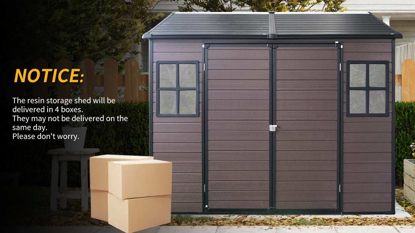 8x6 ft Waterproof Resin Outdoor Storage Shed with Floor, 2 Windows & Lockable Door for Garden, Patio, Backyard Storage Solution
