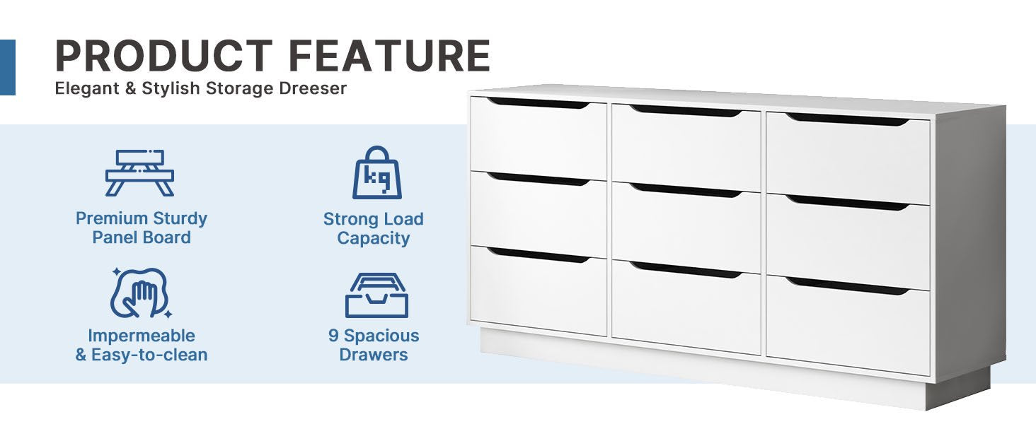 8 Drawers White Dresser for Bedroom, Modern Wood Chest of Drawers 8 Drawer Dresser with Groove Handles, for Living Room, Closet,