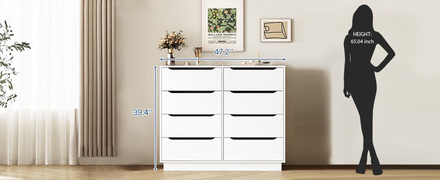 8 Drawers White Dresser for Bedroom, Modern Wood Chest of Drawers 8 Drawer Dresser with Groove Handles, for Living Room, Closet,